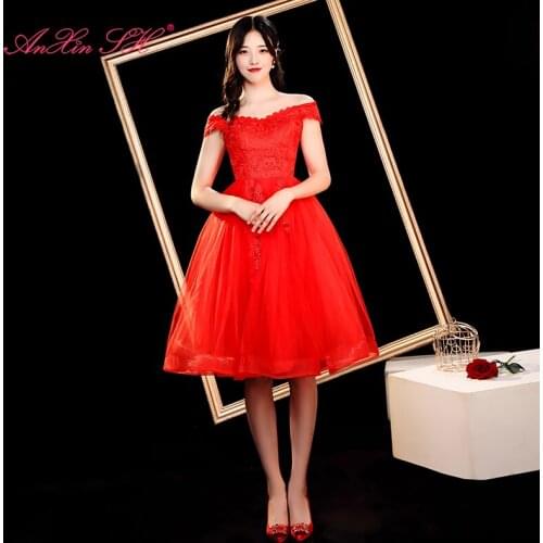 AnXin SH princess flower red lace illusion evening dress party vintage boat neck sleeveless bride a line short evening dress