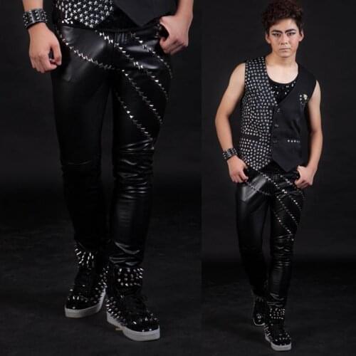 Black Singer costumes Rivets motorcycle 1 pu pants men 1 pants man stage trousers faux leather pants mens Provide custom
