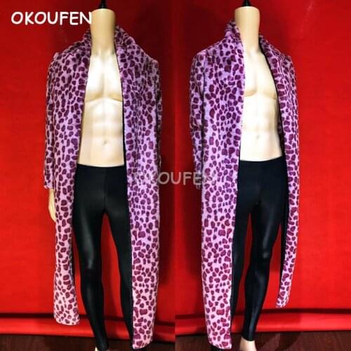 Personality Men Pink Leopard Irregular Imitation fox Fur Coat costume Bar nightclub ds stage wear