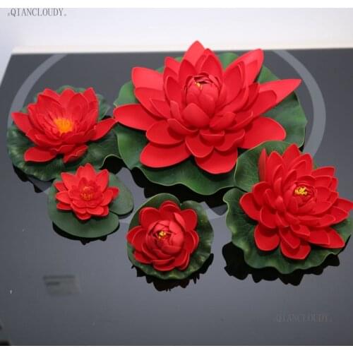 Red Artificial fake Simulation Lotus Leaves flowers Heads Water pond Garden home Lily Floating Fish Tank Pond Wedding D24