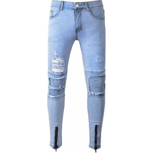 HOt 2020 spring autumn Mens Zipper small feet motorcycle pants hip hop light blue Slim hole locomotive pleated pencil pants