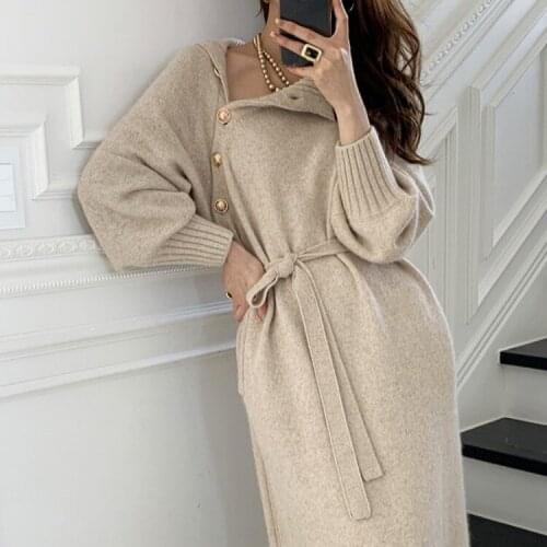 Fashionable Side Button High Neck Long Sleeve Straight Dress Knitted Warm Autumn and Winter Skirt Elegant Lace Up Sweater Dress