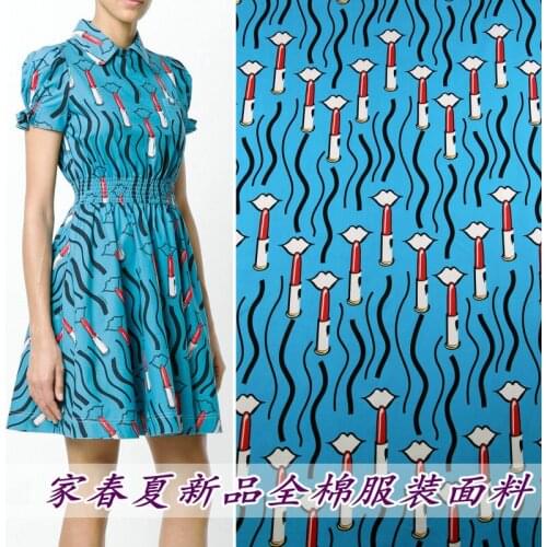 New lipstick printing cotton clothing fabric Hand cloth diy breathable shirt thin cloth blue and white two colors available
