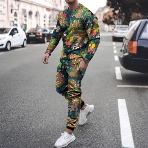 2021 new mens summer casual suit long-sleeved + pants two-piece casual wear male 3D anime character printing