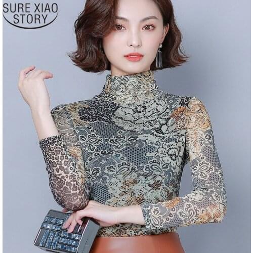 New Autumn Blusas Mujer De Moda 2021 Print Base Women Shirt Long Sleeve Slim Women Blouses and Tops Turtleneck Plus Size 6512 50