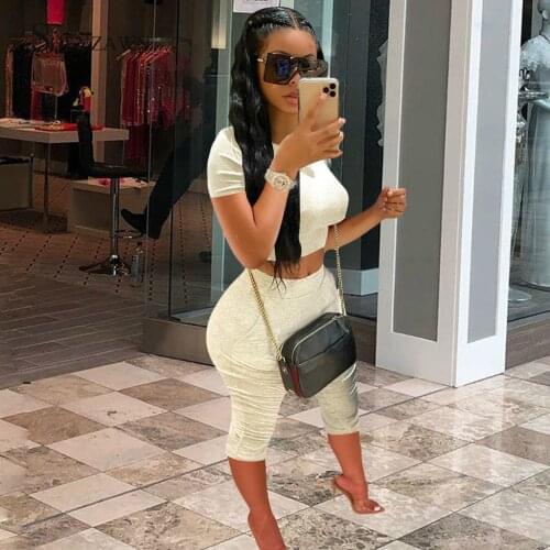 Skinny Ruched Knee-length Pants Two Piece Tracksuit Women Clothing Summer Short Sleeve Crop Top Solid Outfits Fitness Sportswear