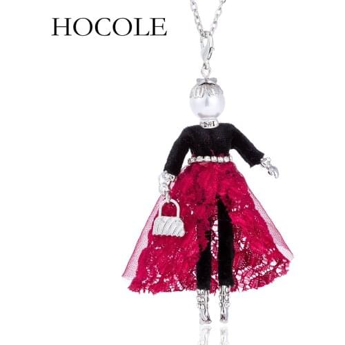 HOCOLE New Alloy Simulated Pearl Red Skirt Doll Necklace Long Chain Pendants Necklace Fashion Girl Accessories Jewelry For Women