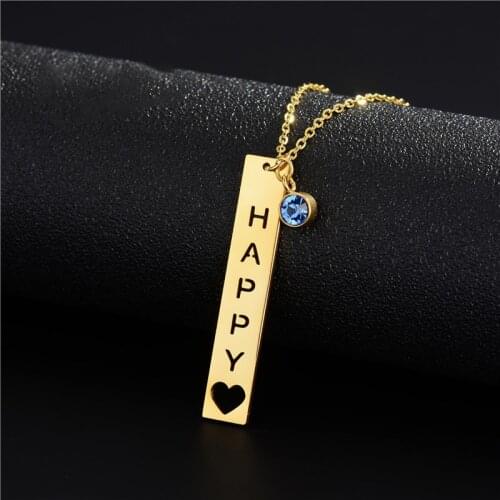 HUHUI Custom Name Necklace Personalized Birthstone Rectangle Hollow Letter Pendant Stainless Steel Woman Jewelry Birthday Gift