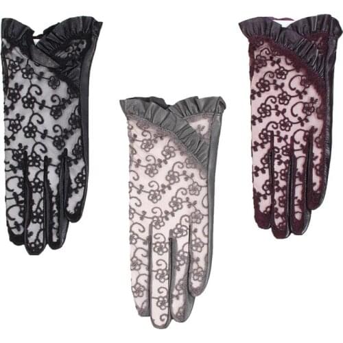 New Lace Genuine Leather Gloves Female Driving Sunscreen Touchscreen Sheepskin Gloves Fashion Elegant Women Mittens NS111