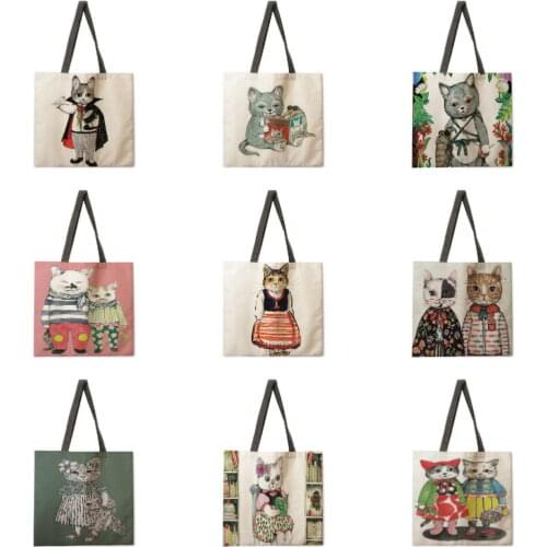 Japanese style illustration cat girl print handbag lady linen bag lady shoulder bag outdoor handbag foldable shopping bag