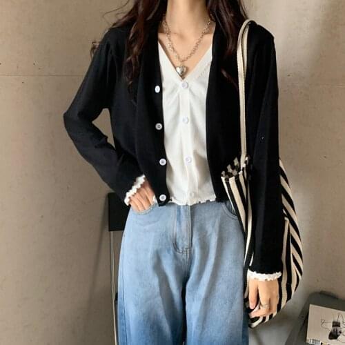 Candy Color Knitted Cardigan Women Autumn Long Sleeve Casual 2021 New Sweaters Female Loose Short Top Stitching Fake Two-Piece