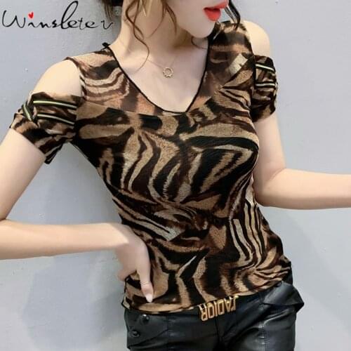 Summer Korean Clothes Mesh T-Shirt Sexy Fashion Off Shoulder Print Tiger Stripes Women Tops Short Sleeve Tees New 2021 T14016A