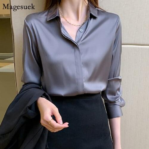 New Spring Solid Women Shirt Long Sleeve Top Blouses Single-breasted Satin Female Shirts Loose Chiffon Blouse Casual Tops 12803