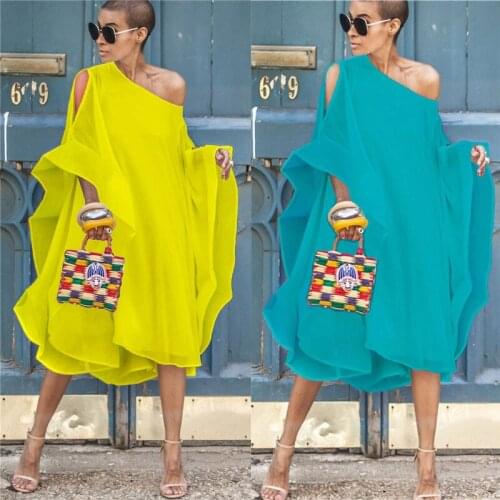 Women High Street Chiffon Dress Off Shoulder Batwing Sleeve Loose Tunic Dress Elegant Party Dresses Vestidos BC338