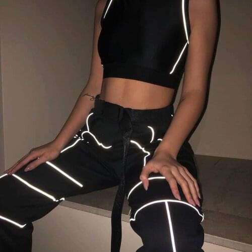Women Street Reflective Pants Patchwork Cargo Pants Zipper Fly With Sashes Pockets Knitted Trousers 2021 Fashion SECENSE
