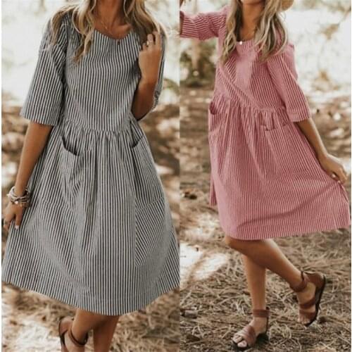 S-5XL Womens Fashion Round Neck Striped Pocket Loose Casual Short Sleeve Dress