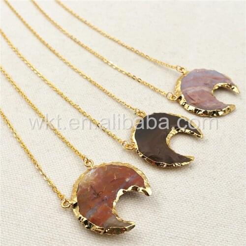 WT-N870 Unique Crescent Stone Pendant Necklace with gold electroplated, Natural At gate Stone with double loops Crescent Jewelry