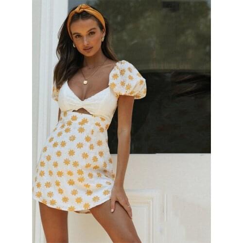 Ardm Sweet Floral Print Summer Dress Hollow Out Sexy Woman Dress Puff Sleeve Backless Vintage party Mini Dress