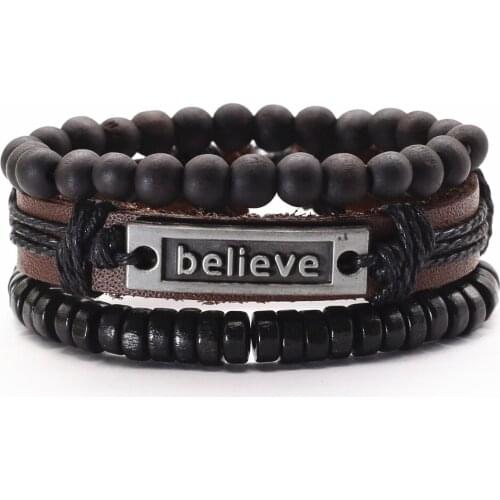 Believe Words Charm Bangles Black Wood Beads Genuine Men Leather Bracelets For Women Pulsera Homme Male Gift Jewelry 3Pcs/set