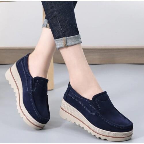 Platform Sneakers Women Genuine Cow Leather Flats Slip On Loafers Swing Shoes Shallow Ladies Casual Footwear Height Increasing