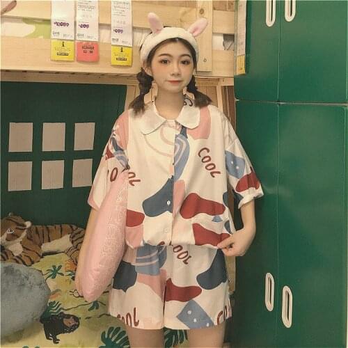 Homewear Kawaii Soft Fashion Sleepwear Pajama Sets Women New Korean Chic Print Sweet Summer Ins Shrort Sleeve Schoolgirls Pajama