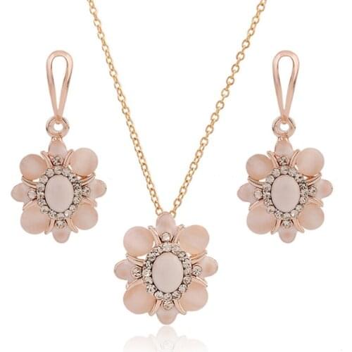 FYJS Unique Rose Gold Color Flower of Life Cat Eye Stone Pendant Necklace Earrings for Elegant Women Jewelry Sets