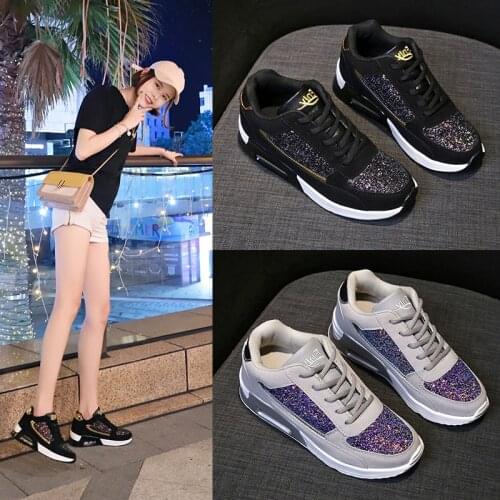 Womens Shoes New Sequined Cow Suede Inner-heighten 4cm Comfortable Breathable Bling Casual Sneaker for Women