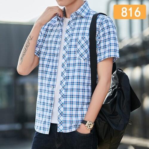 Summer Mens Short-Sleeved Plaid Shirt Casual Single-Breasted Trend Tops MA024