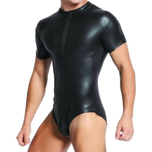 Mens Undershirts Jumpsuits Wrestling Singlet Bodysuit Open Crotch Zipper Bodysuit Penis Pouch Clubwear PU Leather Mens Underwear