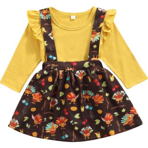 2 Pcs Infant Thanksgiving Day Outfits, Girls Solid Color Fly Sleeve Round Neck Pullover + Turkey & Pumpkin Print Suspender Skirt