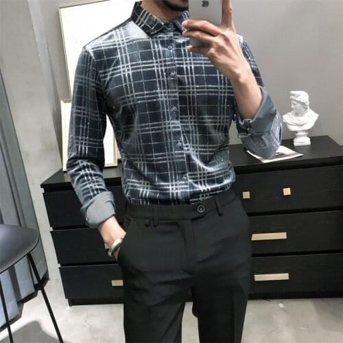 2021 New style Male High quality velvet Casual long-sleeved shirts/Mens sim fit lapel plaid Dress shirts Leisure Tops S-3XL