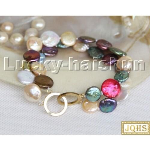 Genuine 8" 2row 12mm round Multicolor coin fastener pearls Bracelet c268