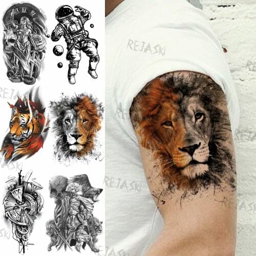Realistic Lion Temporary Tattoos For Men Women Adult Fake Soldier Astronaut Tiger Compass Tattoo 3D Sticker Water Transfer Tatoo