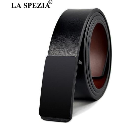 LA SPEZIA Real Leather Belt Mens Black Smooth Buckle Belts Male Genuine Cowskin Leather Business Office Designer Luxury Belts