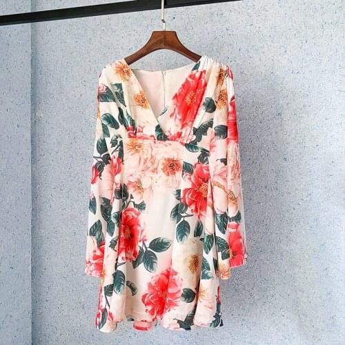 Romantic Floral Print A-Line Dress Slim Elegant V-Neck Mini Dress Long Sleeve Women Summer Holiday Party Clothes New 2021