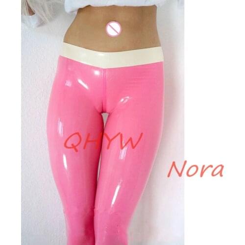 Sexy Latex Women Pants Handmade Rubber Trousers No Zippers Pink with White Cosplay Costume