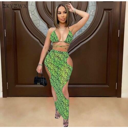 ZKYZWX Sexy 3 Piece Bikini Set Bandage Crop Top+Thongs+Hollow Out Maxi Skirt 2021 Women Summer Outfits Swimwear Matching Sets
