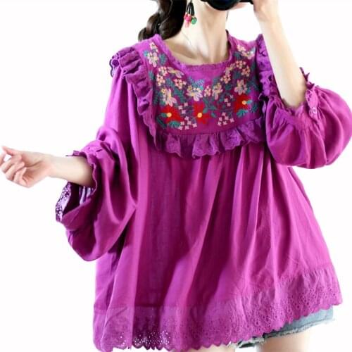 Ethnic Style Female Embroidered Lantern Sleeves Lace Loose Large Size Cotton and Linen Ruffled Womens Shirt