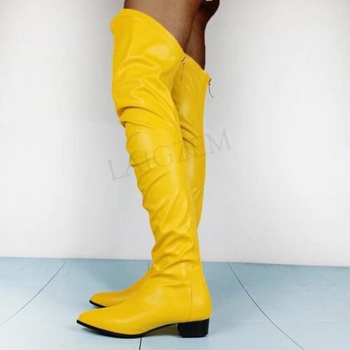 LAIGZEM Super Women Over Knee Boots Faux Leather Low Heels Zip Up Shoes Woman Boots Zapatos Botines Mujer Large Size 45 46 47