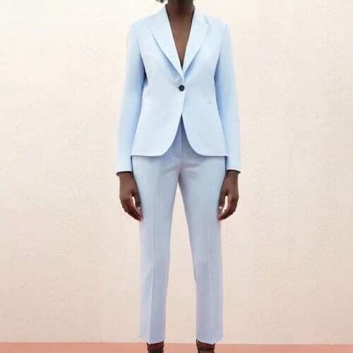 Za 2021 Womens Set Blue Office Lady Blazer Suit Fashion 2 Piece Set Ladies Long Sleeve Blazer And Pants Sets CD8151