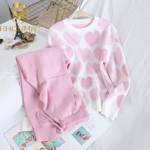 New Autumn Winter Sweet Love Print Beads Pullover Top Sweater + High Waist Double Pockets Knitted Pants Two piece Set for Women