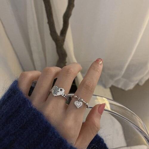 925 Sterling Silver Heart Chain Lucky Ball Index Finger Opening Rings For Women Student Simple Sweet Trend Jewelry Gifts SAR383