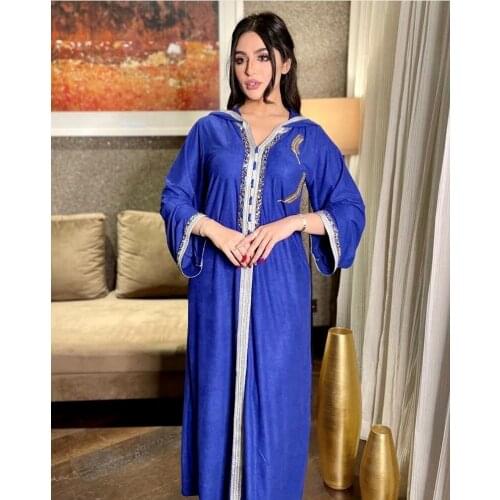 2021 Summer Fashion Style Muslim Women V-neck Long Sleeve Blue Abaya Muslim Fashion Dresses