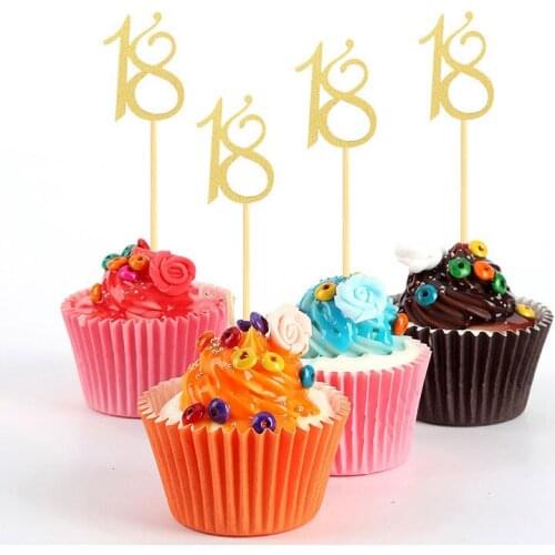 24pcs Golden Number 18 Years Old Anniversary Graduation Birthday Theme Party Cake Toppers Insert Dessert Cupcake Decoration