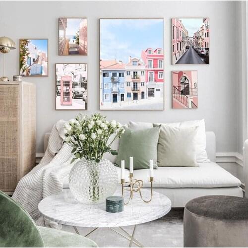 Car Ocean Pink Telephone Booth Small Town Wall Art Canvas Painting Nordic s And Prints Wall Pictures For Living Room Decor