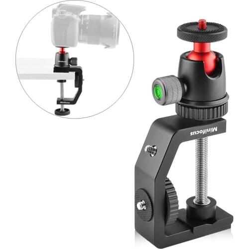 C Clamp with Tripod Head Adjustable Camera Desk Mount Set for Desktop 360 Degree Swivel Mini Ball Head for DSLR Monitor Light