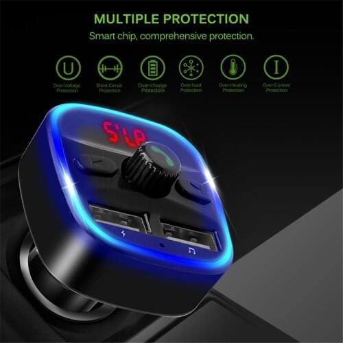 FM transmitter Bluetooth 5.0 Car MP3 Player Dual USB 2.4A max Support U-Disk TF card Handsfree V5.0 Car Charger Blue LED light