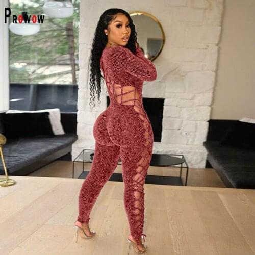Prowow Sexy Hollow Out Women Jumpsuits 2021 New Long Sleeve Bodycon Outfits Criss-Cross Bandage Spring Fall Female Streetwear