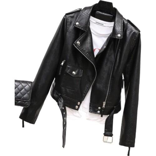 New Styles Womens Snake Skin Pu Faux Leather Coat Spring Autumn Black Motorcycle Belt Tunic Casual Aviator Women Jacket Biker
