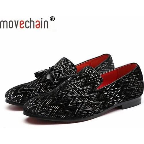 Movechain Mens Glitter Shiny Party Wedding Shoes Mens Fashion Casual Flats Tassels Suede Leather Rhinestones Loafers Moccasins